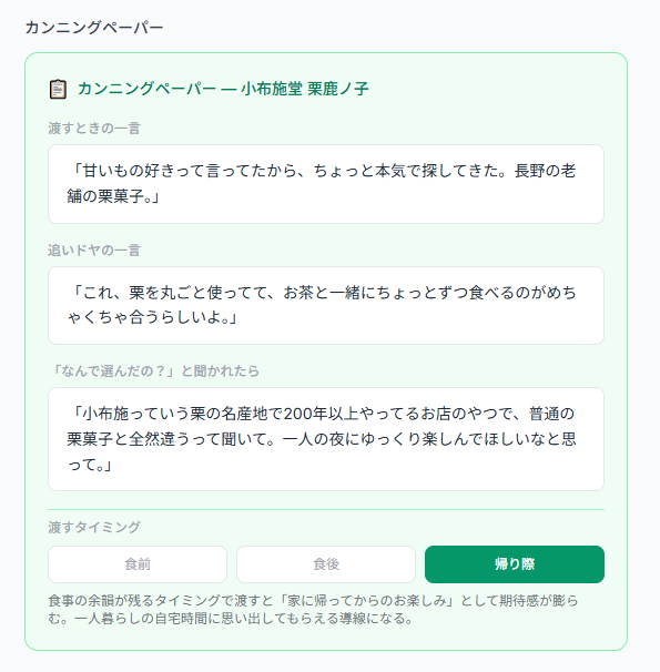 渡す言葉まで用意されたカンニングペーパー
